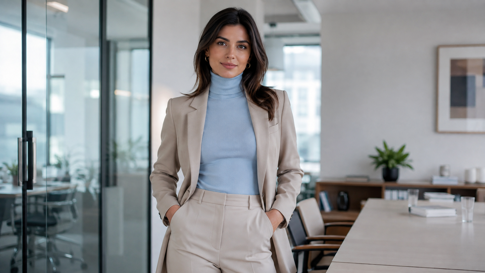 Ice Blue Turtleneck Layering Under Blazer